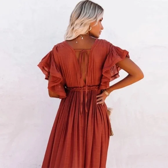 SOLD OUT Red Gauze Boho Button Maxi Coverup Dress - Picture 7 of 10